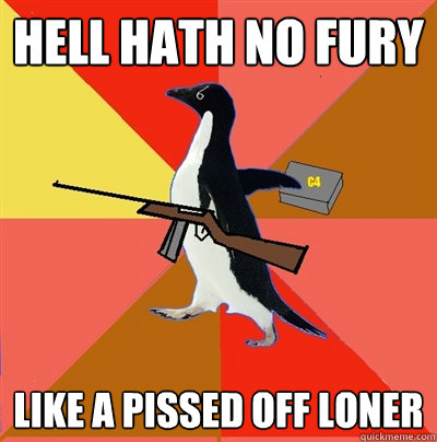 hell hath no fury Like a pissed off loner  