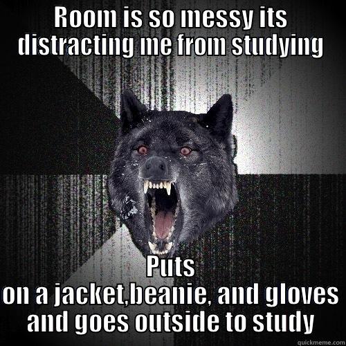 Exams this week - ROOM IS SO MESSY ITS DISTRACTING ME FROM STUDYING PUTS ON A JACKET,BEANIE, AND GLOVES AND GOES OUTSIDE TO STUDY Insanity Wolf