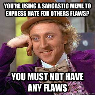 You're using a sarcastic meme to express hate for others flaws? You must not have any flaws  Condescending Wonka