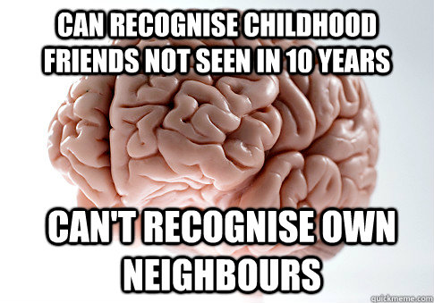 can recognise childhood friends not seen in 10 years can't recognise own neighbours  Scumbag Brain