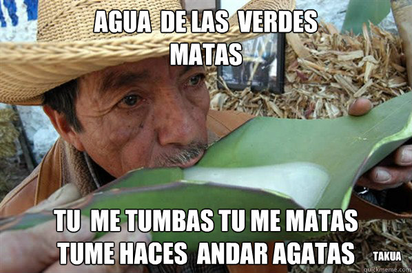 agua  de las  verdes
matas tu  me tumbas tu me matas 
tume haces  andar agatas takua - agua  de las  verdes
matas tu  me tumbas tu me matas 
tume haces  andar agatas takua  Misc