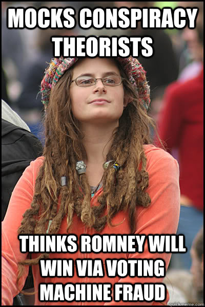 mocks conspiracy theorists thinks romney will win via voting machine fraud  College Liberal