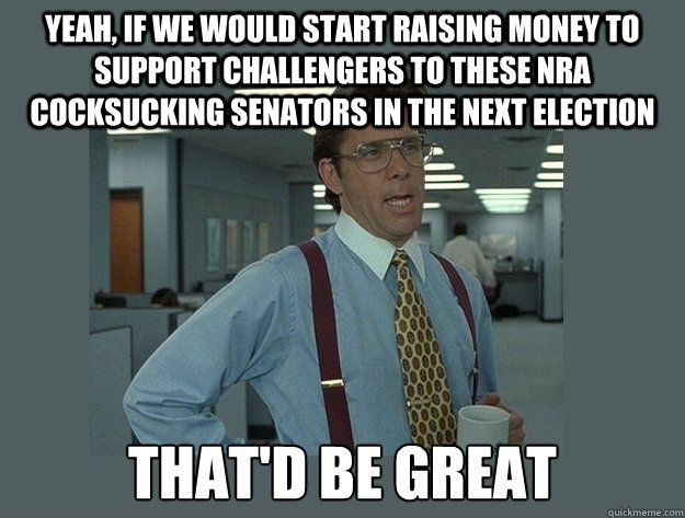 Yeah, If we would start raising money to support challengers to these NRA cocksucking senators in the next election That'd be great  Office Space Lumbergh