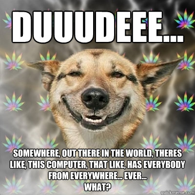 Duuudeee... Somewhere, out there in the world, theres like, this computer, that like, has everybody from everywhere... ever...
What?  Stoner Dog