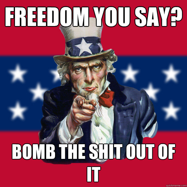 freedom you say? Bomb the shit out of it  Uncle Sam