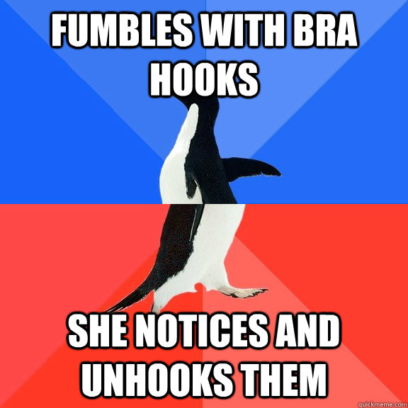 Fumbles with bra hooks She notices and unhooks them - Fumbles with bra hooks She notices and unhooks them  Socially Awkward Awesome Penguin