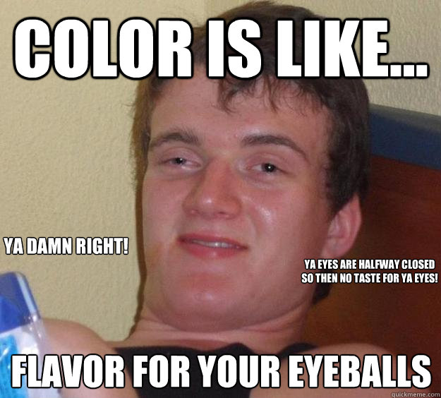 Color is like... Flavor for your eyeballs ya damn right! YA EYES ARE HALFWAY CLOSED SO THEN NO TASTE FOR YA EYES! FUCKING BITCH DONT COPY MY SHIT!  10 Guy