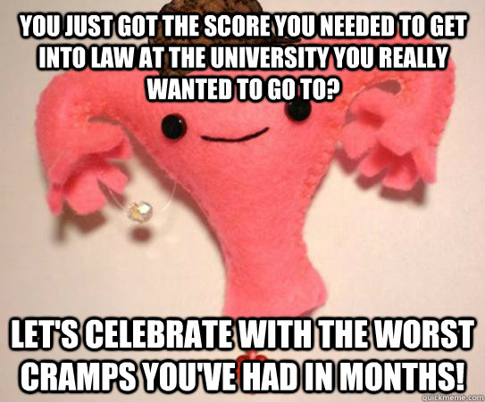 You just got the score you needed to get into law at the university you really wanted to go to? Let's celebrate with the worst cramps you've had in months!  Scumbag Uterus