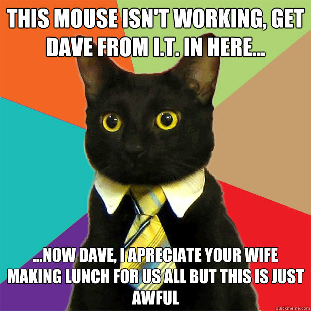 this mouse isn't working, get dave from i.t. in here... ...now dave, i apreciate your wife making lunch for us all but this is just awful  Business Cat