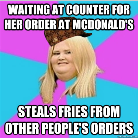 waiting at counter for her order at mcdonald's steals fries from other people's orders - waiting at counter for her order at mcdonald's steals fries from other people's orders  scumbag fat girl