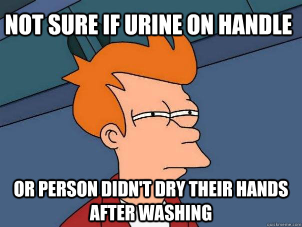 Not sure if urine on handle Or person didn't dry their hands after washing - Not sure if urine on handle Or person didn't dry their hands after washing  Futurama Fry