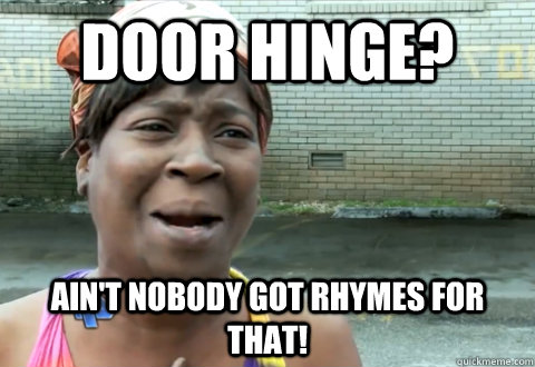 Door hinge? Ain't nobody got rhymes for that!  aint nobody got time