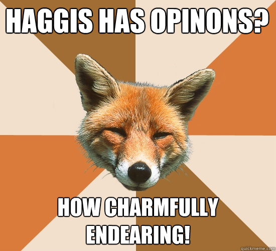 Haggis has opinons? How charmfully endearing!  Condescending Fox