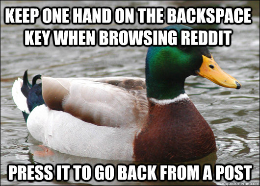 Keep one hand on the backspace key when browsing reddit Press it to go back from a post - Keep one hand on the backspace key when browsing reddit Press it to go back from a post  Actual Advice Mallard