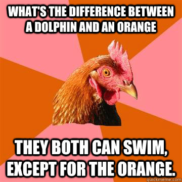 What's the difference between a dolphin and an orange They both can swim, except for the orange.   Anti-Joke Chicken