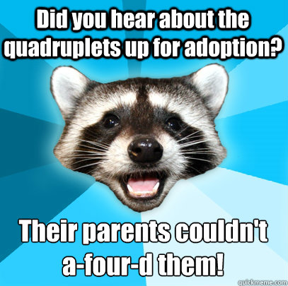 Did you hear about the quadruplets up for adoption? Their parents couldn't
a-four-d them!  Lame Pun Coon