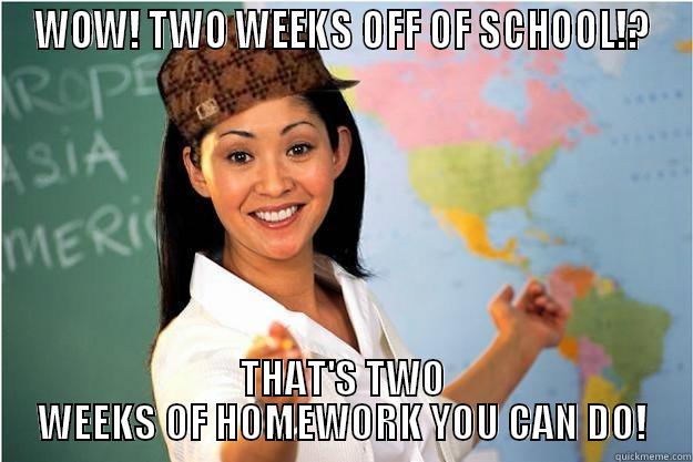 WOW! TWO WEEKS OFF OF SCHOOL!? THAT'S TWO WEEKS OF HOMEWORK YOU CAN DO! Scumbag Teacher