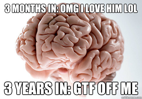 3 months in: OMG i love him lol 3 years in: gtf off me  Scumbag Brain