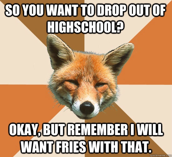 So you want to drop out of highschool? Okay, but remember I will want fries with that.  Condescending Fox