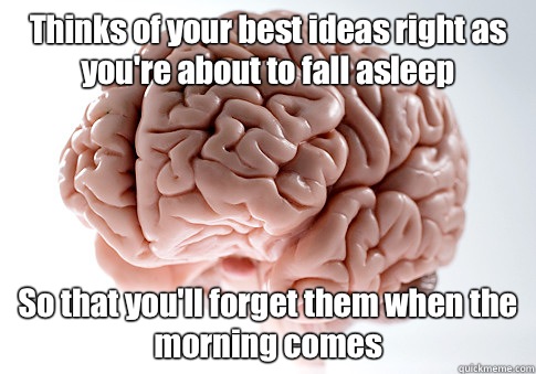 Thinks of your best ideas right as you're about to fall asleep So that you'll forget them when the morning comes   Scumbag Brain