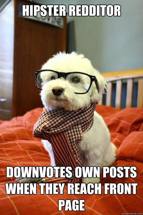 HIPSTER REDDITOR DOWNVOTES OWN POSTS WHEN THEY REACH FRONT PAGE  Hipster Dog