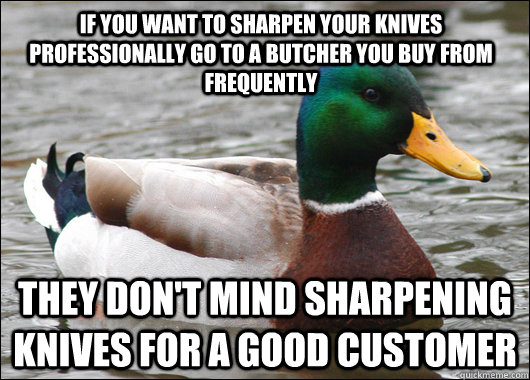 If you want to sharpen your knives professionally go to a butcher you buy from frequently They don't mind sharpening knives for a good customer - If you want to sharpen your knives professionally go to a butcher you buy from frequently They don't mind sharpening knives for a good customer  Actual Advice Mallard