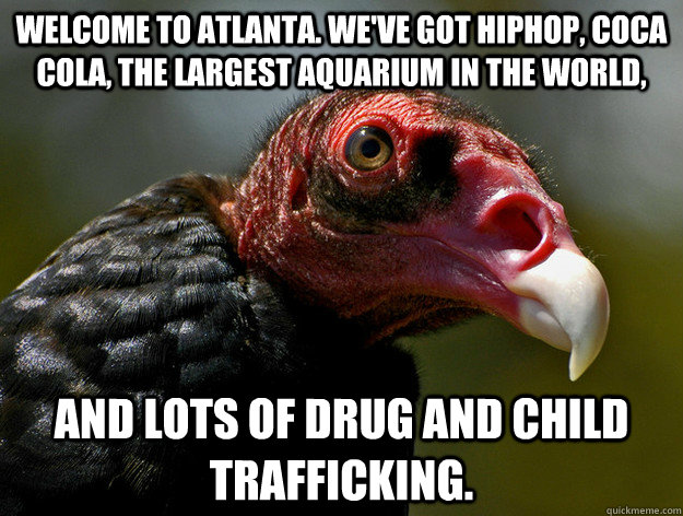 welcome to atlanta. we've got hiphop, Coca Cola, the Largest aquarium in the world, and lots of drug and child trafficking.   