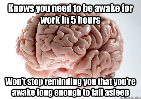 Knows you need to be awake for work in 5 hours Won't stop reminding you that you're awake long enough to fall asleep  Scumbag Brain