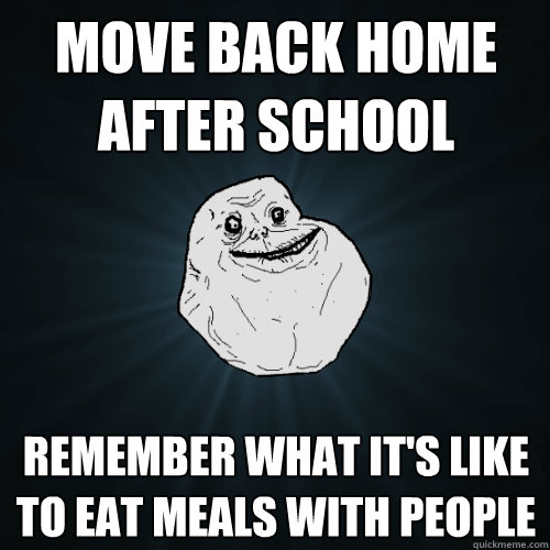 Move back home after school Remember what it's like to eat meals with people  Forever Alone