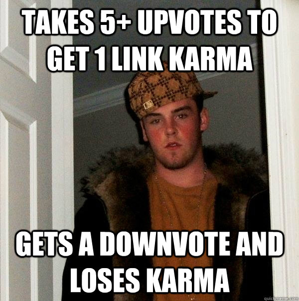 Takes 5+ upvotes to get 1 link karma Gets a downvote and loses karma  Scumbag Steve