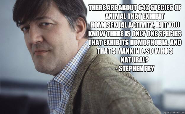 there are about 642 species of animal that exhibit homosexual activity, but you know there is only one species that exhibits homophobia, and that’s mankind. So who’s natural?
- Stephen Fry  - there are about 642 species of animal that exhibit homosexual activity, but you know there is only one species that exhibits homophobia, and that’s mankind. So who’s natural?
- Stephen Fry   Stephen Fry