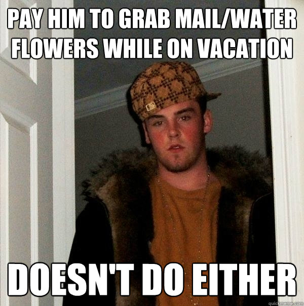 Pay him to grab mail/water flowers while on vacation doesn't do either  Scumbag Steve