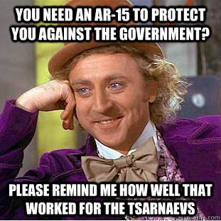 You need an AR-15 to protect you against the government? Please remind me how well that worked for the Tsarnaevs - You need an AR-15 to protect you against the government? Please remind me how well that worked for the Tsarnaevs  Condescending Wonka