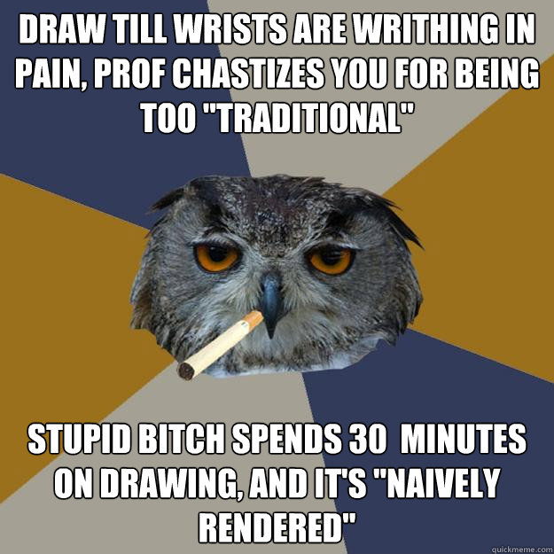 Draw till wrists are writhing in pain, prof Chastizes you for being too 