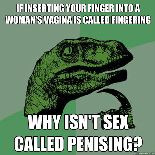 if inserting your finger into a woman's vagina is called fingering why isn't sex called penising?  Philosoraptor