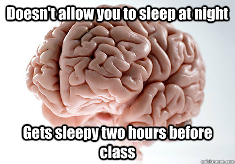 Doesn't allow you to sleep at night Gets sleepy two hours before class   Scumbag Brain