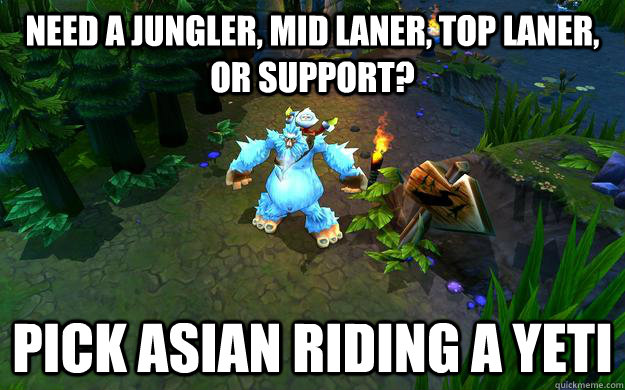 NEED A JUNGLER, MID LANER, TOP LANER, OR SUPPORT? PICK ASIAN RIDING A YETI  