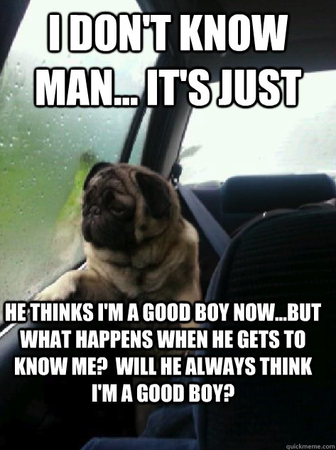 I don't know man... It's just He thinks I'm a good boy now...but what happens when he gets to know me?  Will he always think I'm a good boy?    Introspective Pug