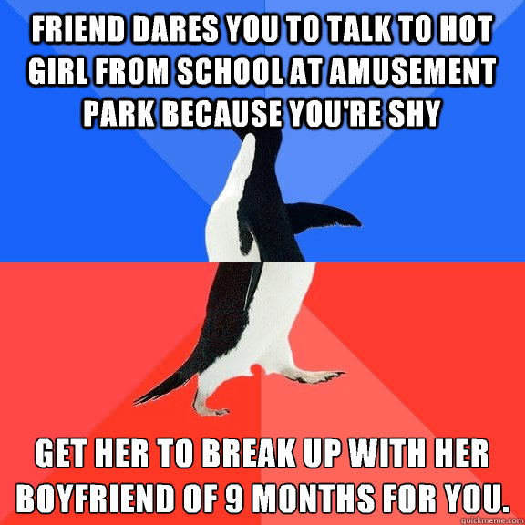 Friend dares you to talk to hot girl from school at amusement park because you're shy Get her to break up with her boyfriend of 9 months for you.
  Socially Awkward Awesome Penguin