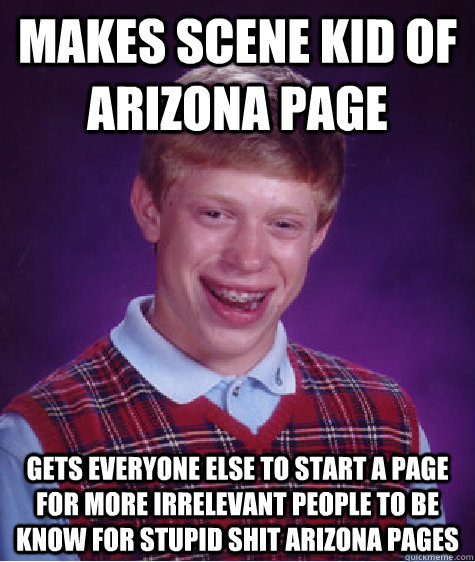 Makes Scene Kid Of Arizona page  Gets everyone Else to start a page for more irrelevant people to be know for stupid shit arizona pages   Bad Luck Brian