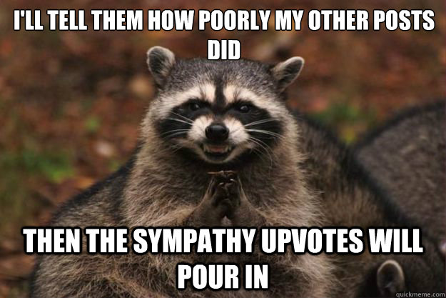 i'll tell them how poorly my other posts did then the sympathy upvotes will pour in - i'll tell them how poorly my other posts did then the sympathy upvotes will pour in  Evil Plotting Raccoon