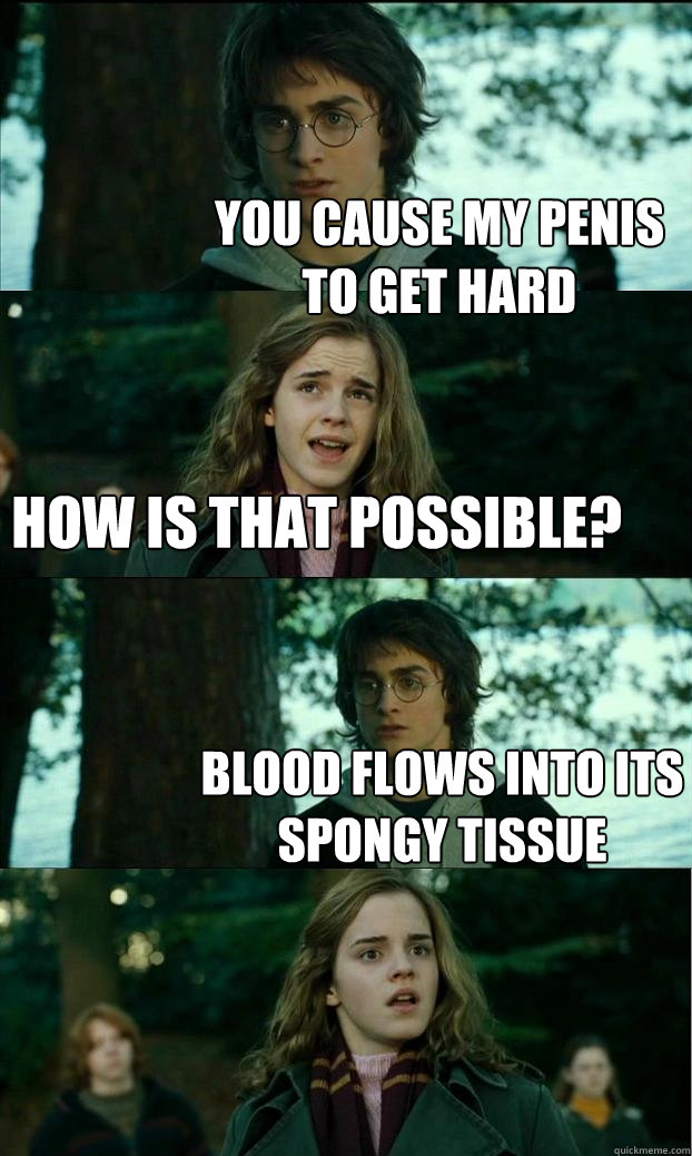 YOU CAUSE MY PENIS TO GET HARD HOW IS THAT POSSIBLE? BLOOD FLOWS INTO ITS SPONGY TISSUE  Horny Harry