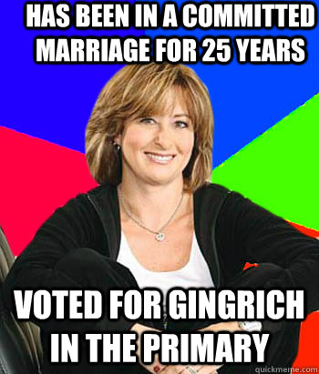 Has been in a committed marriage for 25 years Voted for gingrich in the primary  Sheltering Suburban Mom