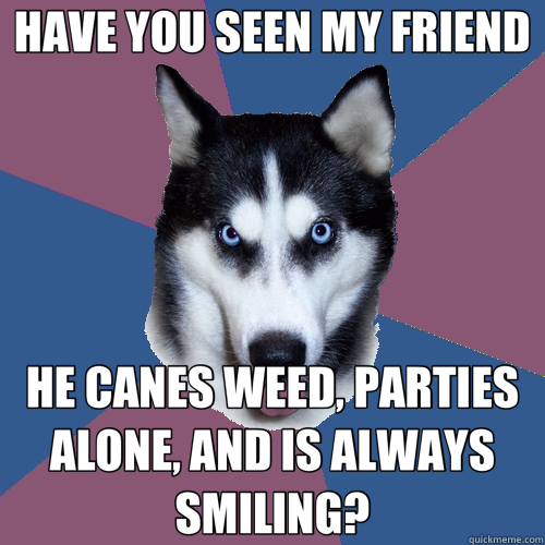 HAVE YOU SEEN MY FRIEND HE CANES WEED, PARTIES ALONE, AND IS ALWAYS SMILING? - HAVE YOU SEEN MY FRIEND HE CANES WEED, PARTIES ALONE, AND IS ALWAYS SMILING?  Creeper Canine