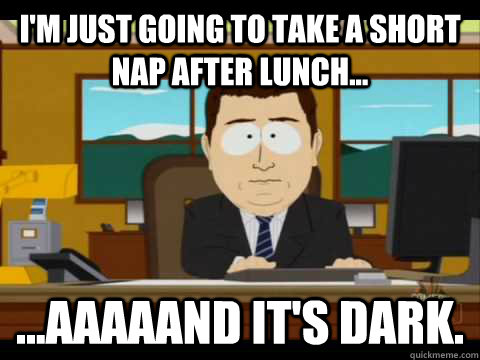 I'm just going to take a short nap after lunch... ...aaaaand it's dark. - I'm just going to take a short nap after lunch... ...aaaaand it's dark.  Aaand its gone