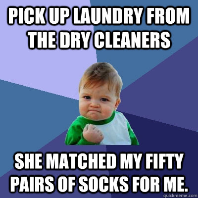 pick up laundry from the dry cleaners she matched my fifty pairs of socks for me.    Success Kid