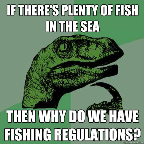 If there's plenty of fish in the sea then why do we have fishing regulations? - If there's plenty of fish in the sea then why do we have fishing regulations?  Philosoraptor