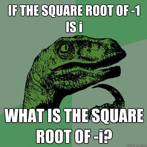 IF THE SQUARE ROOT OF -1 IS i WHAT IS THE SQUARE ROOT OF -i? - IF THE SQUARE ROOT OF -1 IS i WHAT IS THE SQUARE ROOT OF -i?  Philosoraptor