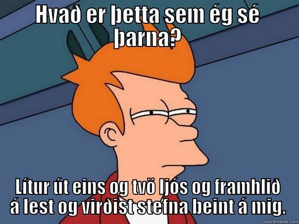 HVAÐ ER ÞETTA SEM ÉG SÉ ÞARNA? LÍTUR ÚT EINS OG TVÖ LJÓS OG FRAMHLIÐ Á LEST OG VIRÐIST STEFNA BEINT Á MIG. Futurama Fry