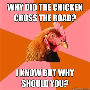 Why did the chicken cross the road? I know but why should you?  Anti-Joke Chicken